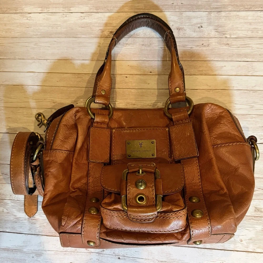 Frye Tan Leather Satchel with Studded Detail